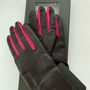 Hilts-Willard Black and Fuchsia Leather Gloves Cashmere lined Made in England Sm